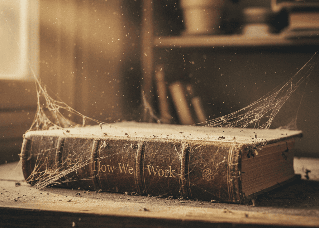A dusty leather-bound book titled "How We Work" covered in cobwebs